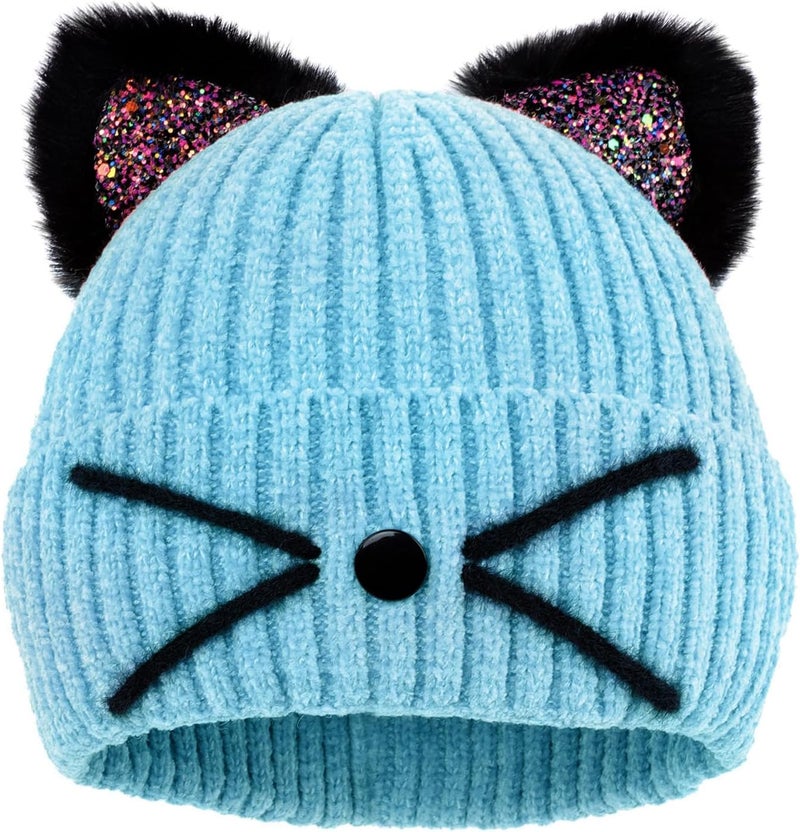 ACTLATI Little Girls Sequin Cat Ears Hats Cute Warm Knit Beanie Hat for Kids Winter Outdoor Snow Ski Skull Cap 3-8 Years - Image 1